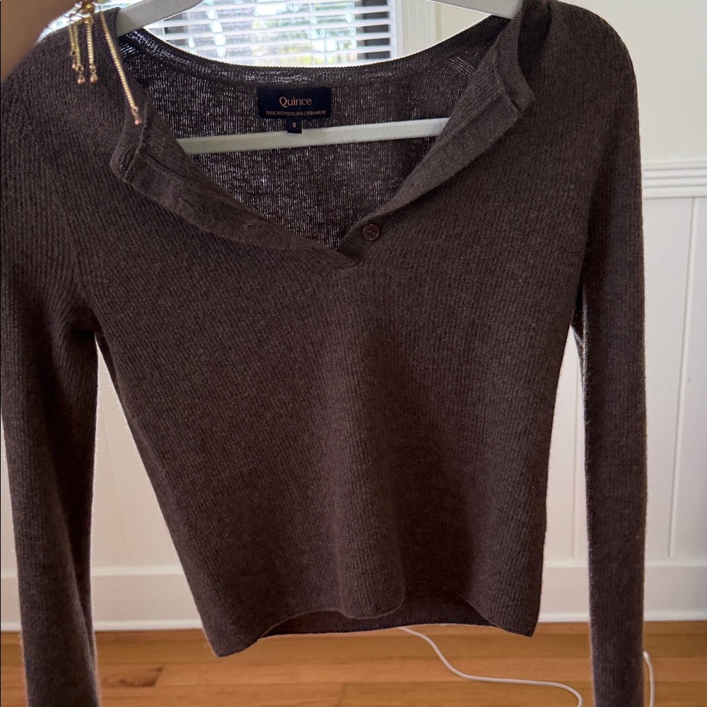 Quince Brown V-Neck Lightweight Knit Hoodie Sweater